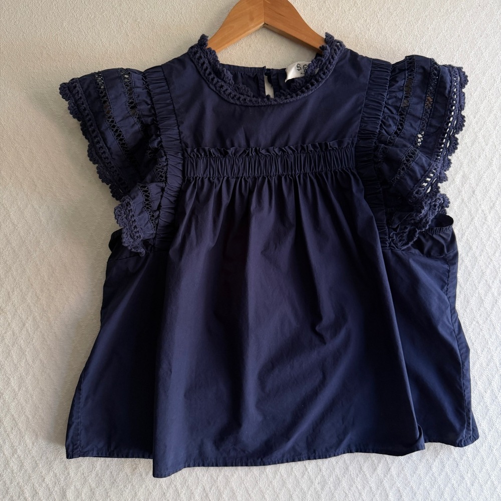 Sea New York Blouse Crochet Trim Navy Cotton Poplin Coquette